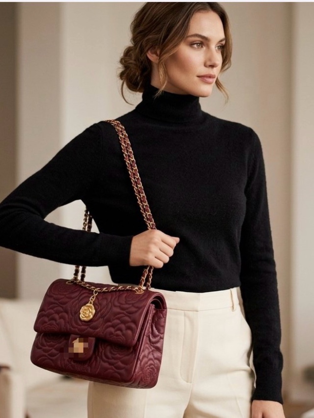 Quilted Chain-Accent Shoulder Bag in Burgundy